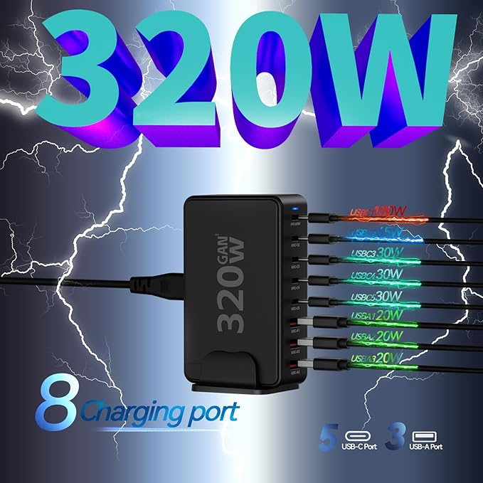 USB C Desktop Charger, 320W 8-Port GaN III Fast Charging Station Hub 100W PD Laptop Charger with 5-Foot Cable for MacBook Pro/Air, Dell XPS, iPhone 15/14, Galaxy S23, iPad Pro/Air