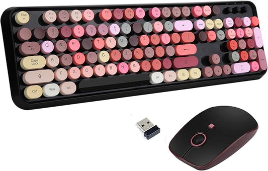 Letton USB Retro Typewriter Keyboard, Wireless Full Size with 104 Colorful Round Key and Cute Mouse with 3 DPI, 2.4GHz for Office Computer Laptop Mac PC-Black