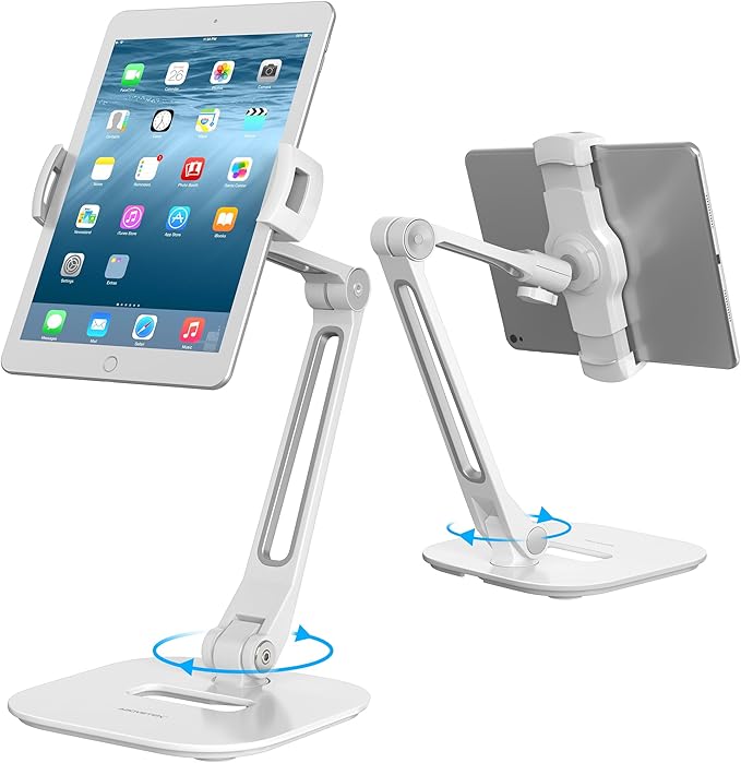 AboveTEK Multi-Angle Adjustable Tablet Stand, 360 Swivel iPad Stand Aluminum Desk Mount Fits 4'-11" Tablets White