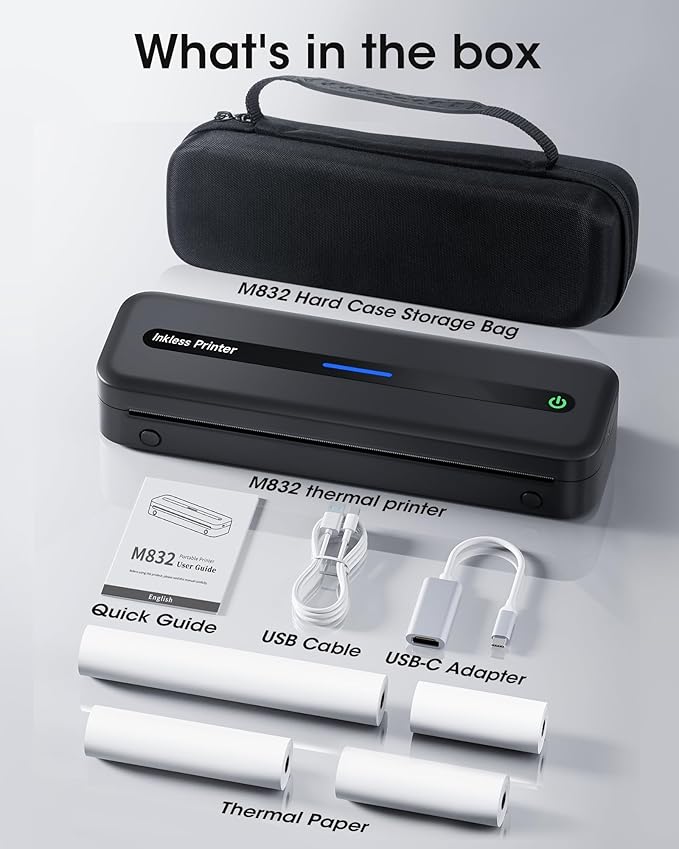 Itari Portable Printer for Travel with Case and 4 Rolls Paper, Inkless Thermal Printer, Support 8.5" x 11" A4 & US Letter, Wireless Compatible with iPhone, Android, Laptop, Black