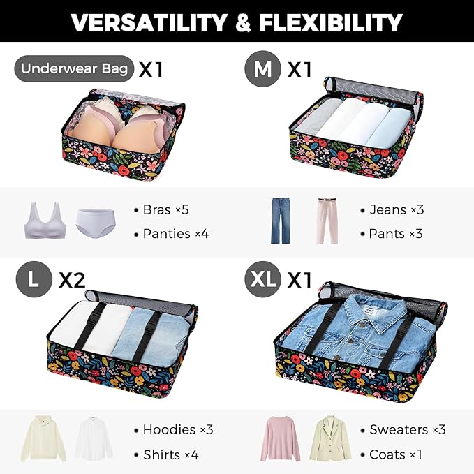 BAGAIL 8 Set Packing Cubes Luggage Packing Organizer Bags for Travel Accessories-Black Floral