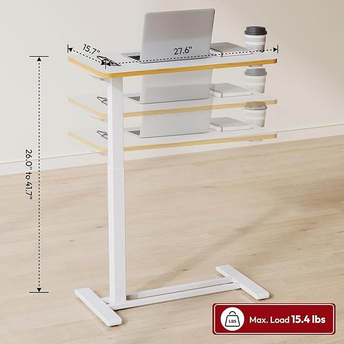 SANODESK Medical Adjustable Overbed Bedside Table with Hidden Casters, Pneumatic Mobile Laptop Computer Standing Desk Cart Overbed Table with Tray, Hospital and Home Use(27.6" W x 15.7" D, White)
