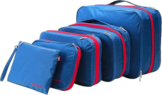 Bee Nesting BeeNesting Waterproof Compression Packing Cubes 5/6/8 sets, Large Travel Packing organizers for Carry on Luggage, 2 Sides Expandable Storage Bags (Blue Red, G5set)