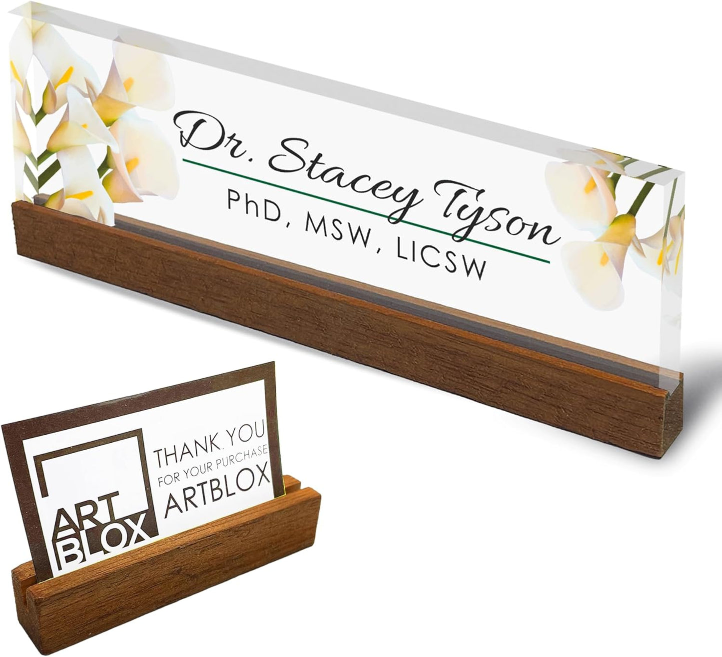 Artblox Personalized Office Desk Name Plate and Business Card Holder | Clear Acrylic Glass with Teak Wood Stand | Calla Flowers Design Customized with Your Name and Credentials Office Desk Decor