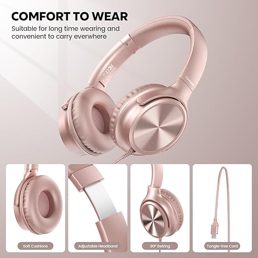 USB C Headphones Wired, Over Ear USB C Wired Headphones with Microphone, Volume Control, HD Stereo Sound, Foldable USB Type C Headphones for Adult/Teens/Chromebook/Laptop/Computer/iPhone,Rose