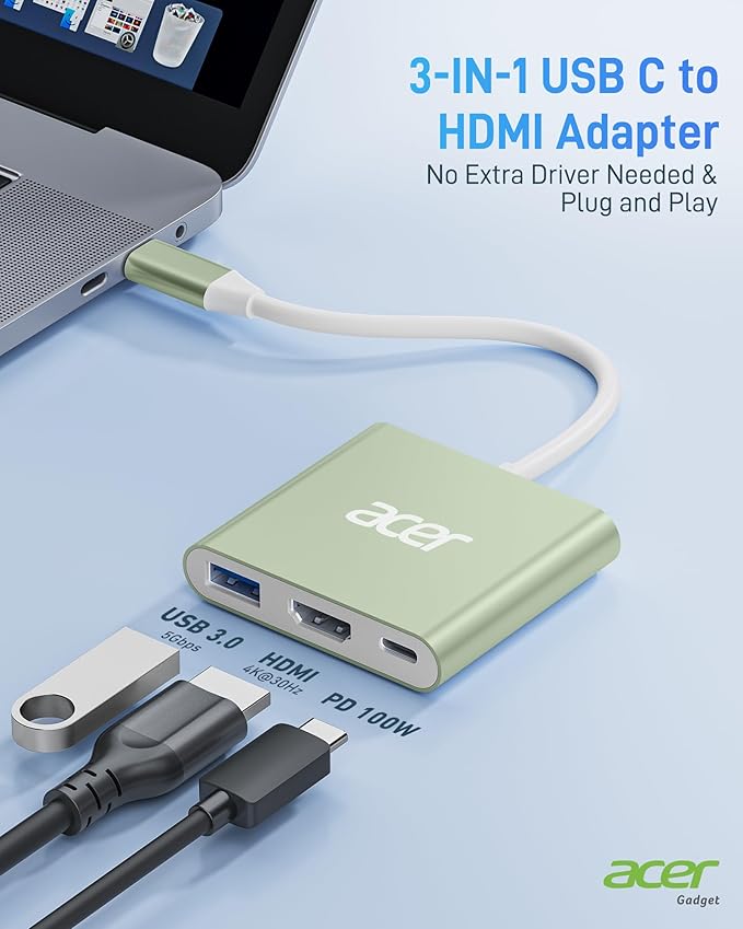 Acer USB C to HDMI Adapter, 4K HDMI to USB-C Adapter with 100W PD & USBA 3.0 Port Multiport Digital AV Converter for MacBook Pro/Air, iPad, iPhone 15/16, Tablets, Switch, TV, Monitor and More (Green)