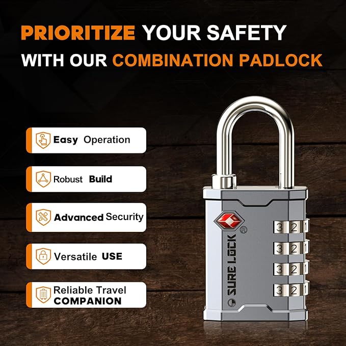SURE LOCK TSA Accepted Combination Luggage Padlock for Gun Cases, Transporting Equipment Cases in Trade Show, Music and Medical Industries (2, Silver)