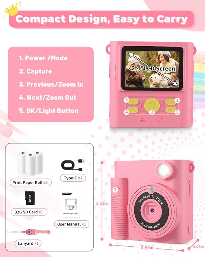 Kids Camera Instant Print, Christmas Birthday Gifts Girls Boys Aged 3-12, HD Digital Video Cameras Toddler, Instant Cameras for 3 4 5 6 7 8 9 10 Year Old Girls Boys with Print Paper