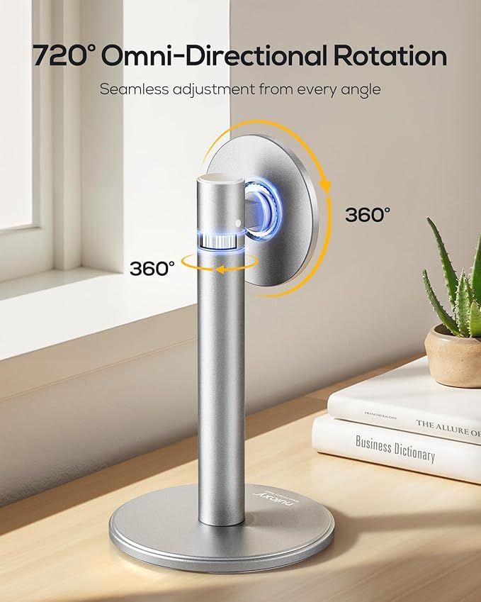 Nulaxy Magnetic Full Aluminum Phone Stand, 360 Rotating Cell Phone Stand for Desk with Metal Ring, Adjustable Phone Holder Compatible with Phone 17 16 15 14 13 Pro Max and MagSafe Case, Silver