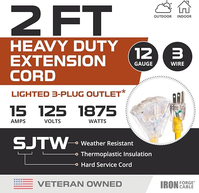 Iron Forge Cable 2 Foot Lighted Outdoor Extension Cord with 3 Outlets - 12/3 SJTW Heavy Duty Yellow Extension Cable 3 Prong - Multiple Outlets