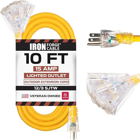 IRON FORGE CABLE 10 Foot Lighted Outdoor Extension Cord with 3 Electrical Power Outlets - 12/3 SJTW Heavy Duty Yellow Extension Cable with 3 Prong Grounded Plug for Safety, 15 AMP