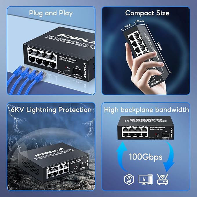 8-Port Unmanaged 2.5G Switch,8 x 2.5GBASE-T Ports,1X10G SFP+,100Gbps Switching Capacity, Fanless, Metal，Plug & Play 2.5Gb Network Switch