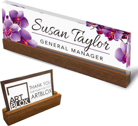 Artblox Personalized Office Desk Name Plate and Business Card Holder | Clear Acrylic Glass with Teak Wood Stand | Purple Orchids Design Customized with Your Name and Credentials Office Desk Decor