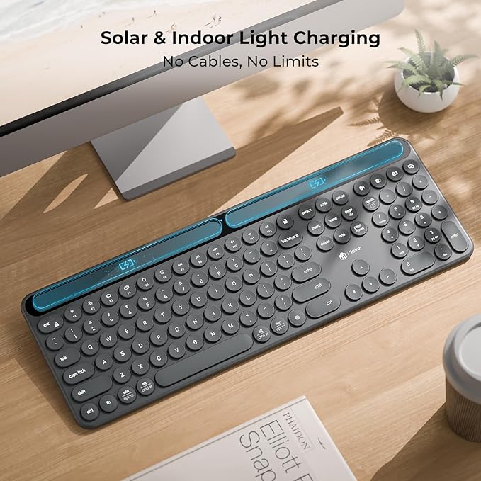 iClever Solar Bluetooth Keyboard, Wireless Keyboard with Solar & Indoor Light Charging, Full Size, 3-Device Connectivity, Silent Scissor Round Keys, Numeric Keypad for Office/Home/Mac/Windows