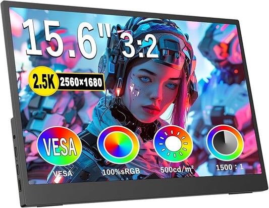 2.5K Portable Monitor 15.6inch UHD 2560 * 1680 for Laptop, 100% sRGB 500nits HDR IPS External Display w/Smart Cover & VESA Mount, USB-C HDMI Travel Second Screen for PC Mac Phone Xbox PS5