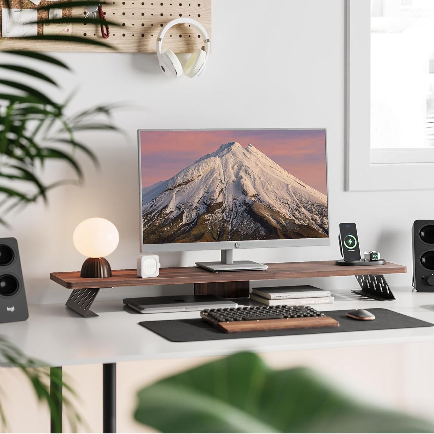 Fenge Dual Monitor Stand Riser, 42.5 Inch Desk Top Shelf for 2 Monitors, Computer Stands for Desk, Wood & Steel Desktop Riser for Laptop, PC, Printer