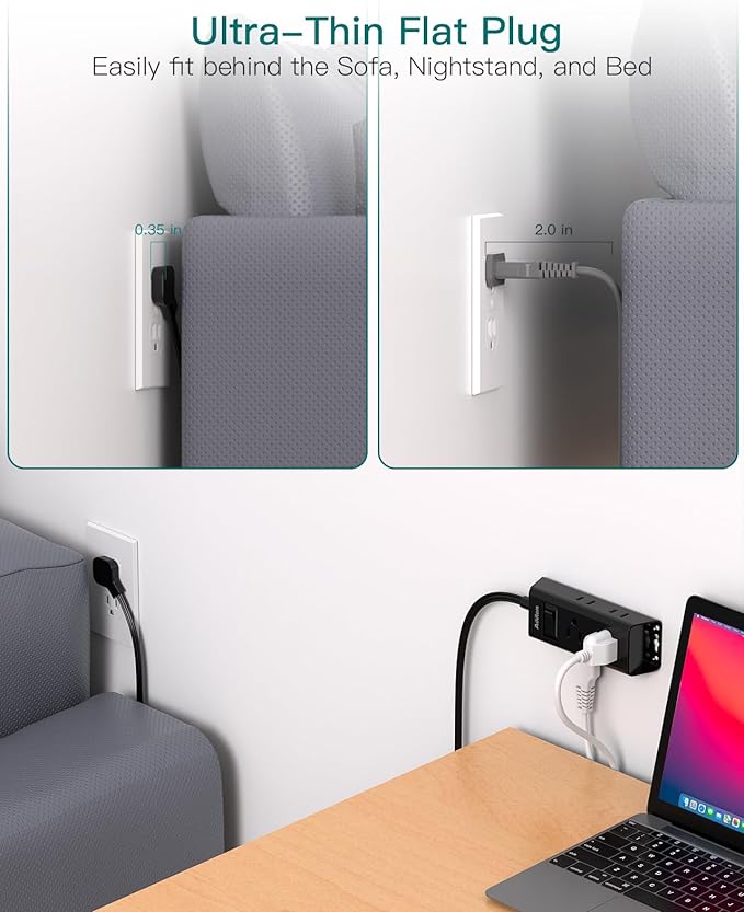 Flat Extension Cord 25 ft, Addtam Flat Plug Power Strip with 6 Outlets Extender, Long Extension Cord with Multiple Outlets, Wall Mount for Home Dorm Room Essentials, Black