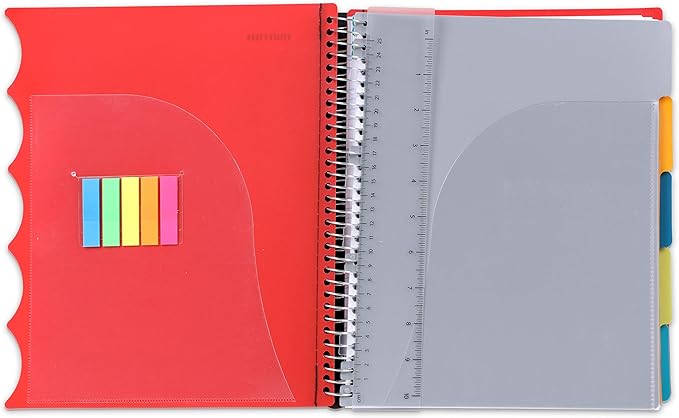 Mintra Office Durable PREMIUM Spiral Notebook, ((Red, 5 Subject, 8.5in x 11in)), Fabric Covered Coils, No Snags, Removable Adjustable Pocket Dividers, Ruler, Organization, Customizable
