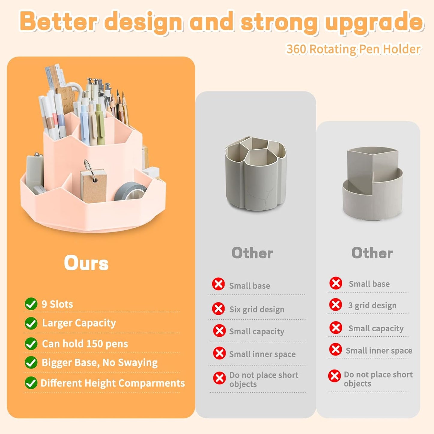 Pencil Pen Holder for Desk,9 Slots 360 Degree Rotating Desk Organizers,Desktop Storage Stationery Supplies Organizer, Cute Pencil Cup Pot For Office, School, Home(Pink)