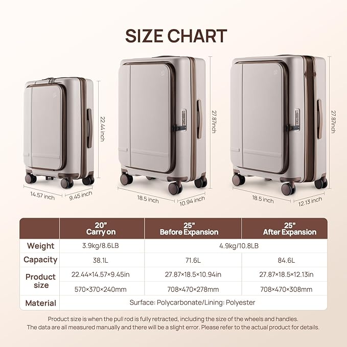 NINETYGO Medium Checked Luggage 25 Inch, Flat Top Opening Checking In Luggage with Cup Holder, Expandable, Coffee-Infused PC Hard Shell, Eco-Friendly, TSA Lock, 360° Spinner Wheels (Latte)