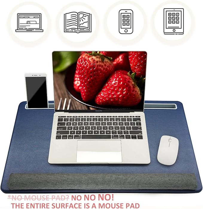 Extra Large Lap Laptop Desk - Full PU Material Mouse Pad Gaming Tray - Portable LapDesk with Phone Holder & Wrist Rest for Notebook, MacBook, Tablet, Bed, Sofa(Blue, Fit Up 17.3-in Laptops)