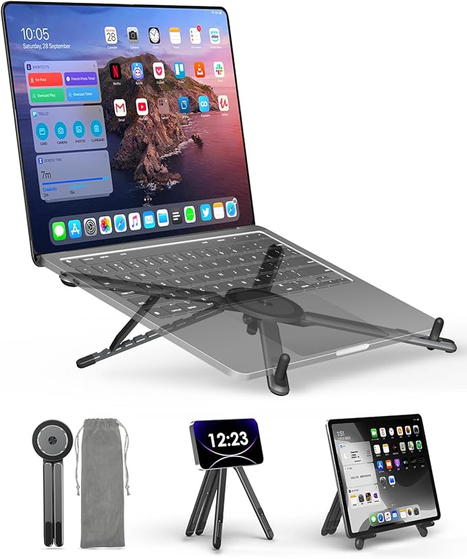 Viozon Portable Laptop Stand for Desk & Travel, Magnetic Phone Holder Tripod, Compatible with 10–16" Laptops and 4–13" Phones/Tablets, Compact Foldable Aluminum Alloy, 8-Level Height Adjustment