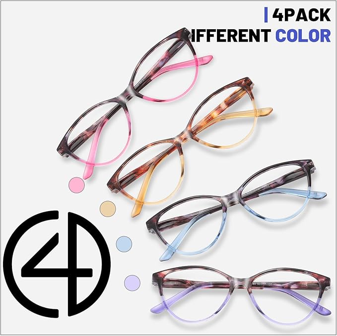 Przene 4 Pack Blue Light Blocking Reading Glasses,Readers for Women and Men with Spring Hinge