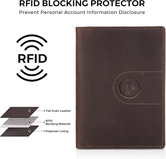 Polare Slim RFID Blocking Leather Passport Holder Travel Bifold Wallet For Men (Dark Brown with AirTag Slot-B)