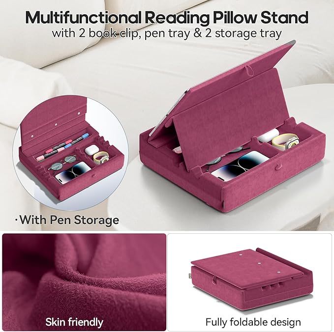 KDD Book Stand with Storage, Multi-Angle Viewing Reading Tablet Holder for Lap, Bed, Desk and Couch, Foldable I-pad Pillow Holder with Organizer Tray for Book,Tablet, Cell Phone, (4.7"-15") Purple