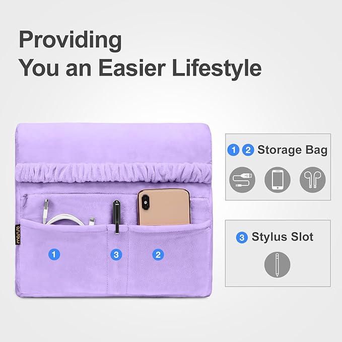 MOSISO Tablet Pillow Stand,Soft Tablet Holder for Lap,Tablet Soft Pad Dock with Pockets&Stylus Slot&4 Viewing Angles Compatible with iPad Pro 12.9,11,10.5,9.7,Air Mini 6,5,4,3, E-Reader, Purple
