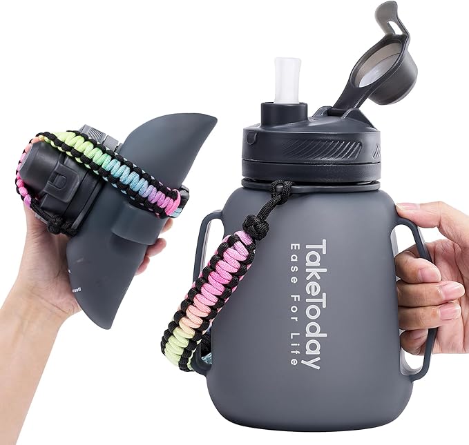 TakeToday Collapsible Water Bottles 40 OZ Motivational Water Bottle with Straw and Paracord Handle Silicone Sports Water Jug with Times Leakproof Large Water Bottle for Yoga Camping Outdoors