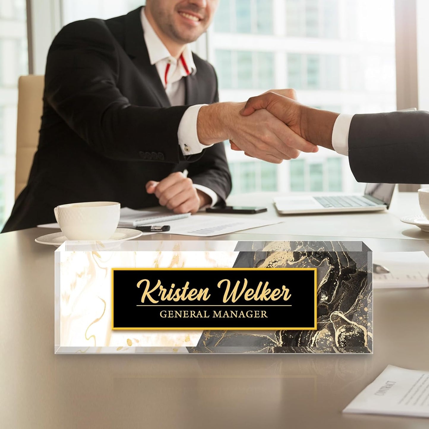 Personalized Name Plate for Desk - Custom Engraved Name Plates for Man - Boss Day Gifts for Boss - Acrylic Office Decor Appreciation Gifts for Teacher Nurse Coworker Social Worker (White/Brown)