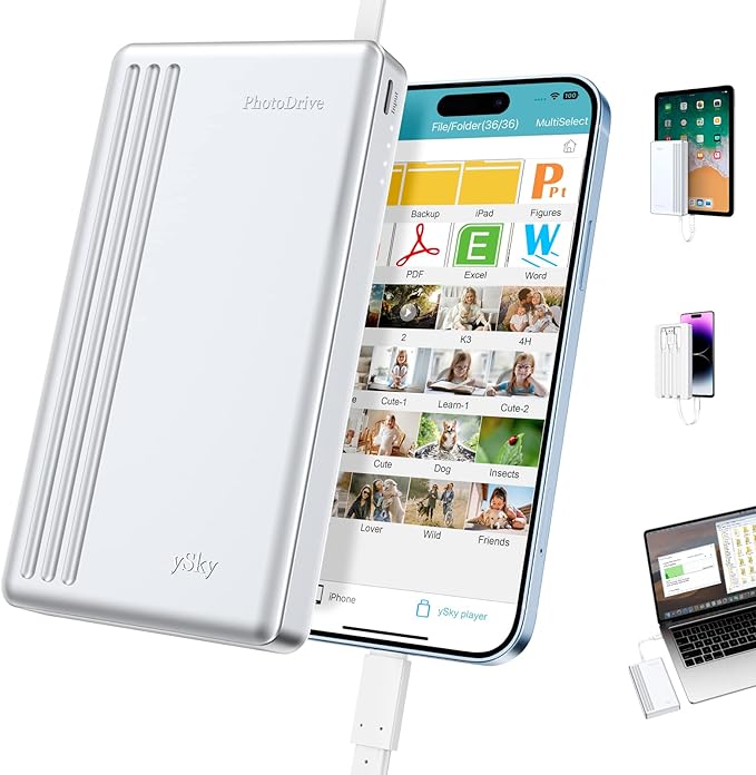 ySky MFi Certified 2TB External Hard Drive for iPhone iPad MacBook Computer,Portable Photo Stick USB Flash Drive Storage Device to Backup Photo| Video | Music| File 【One-Touch Backup】