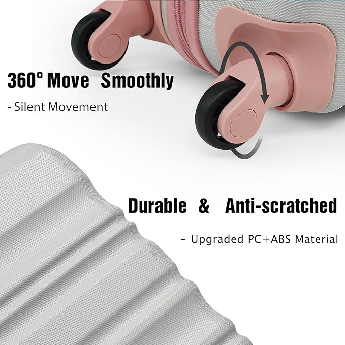 LONG VACATION 6 Piece Luggage Set Carry on Suitcase with ABS+PC hardshell, Spinner Wheels & YKK Zipper TSA Lock (GREY-PINK, 6 piece set)