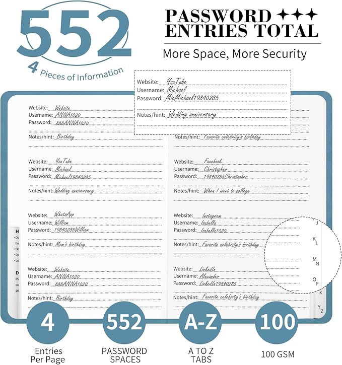 Password Book with Alphabetical Tabs, 5.4"x7.8"Password Keeper Book, 160 Pages/100GSM Hardcover Notebook, Password Organizer for Internet Website Address Login