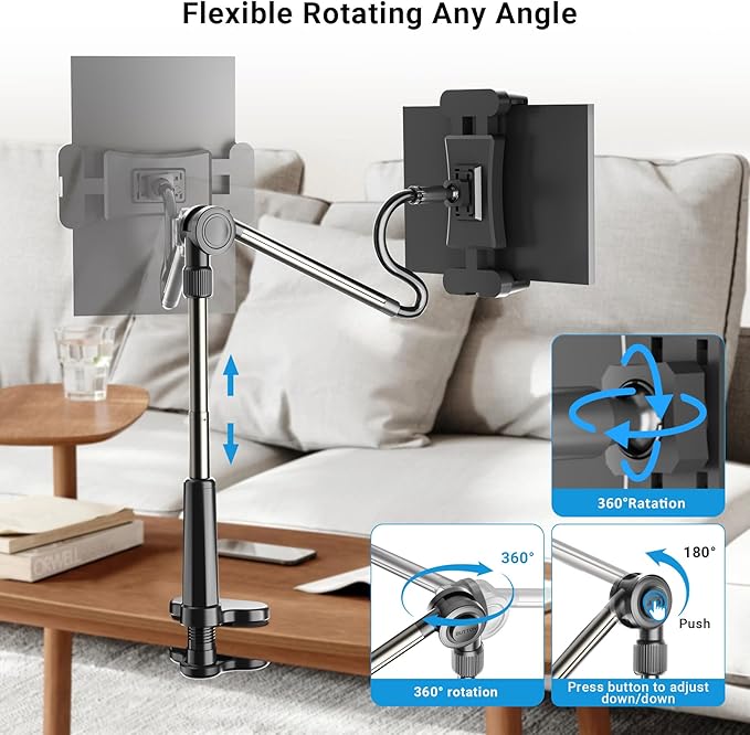 Foldable Desk Tablet Mount for iPad Portable Monitor 4.7-15.6'', Long Gooseneck Tablet Arm Holder, Table Tripod with Clamp Compatible with Surface Pro, All iPad Pro 12.9