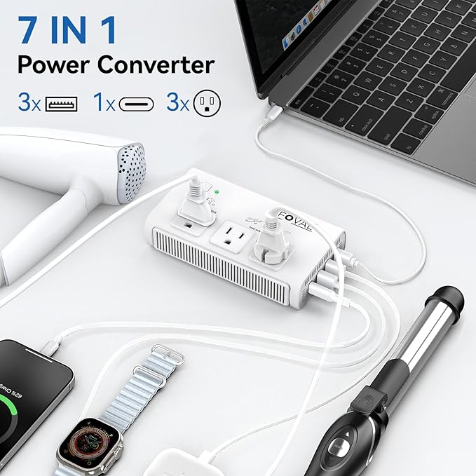 220V to 110V Travel Voltage Converter, FOVAL 2000W International Power Converter for Hair Dryer, Straightener/Curling Iron with 4-Port USB (1 USB C), Step Down Transformer for US/EU/UK/AU/Italy/India