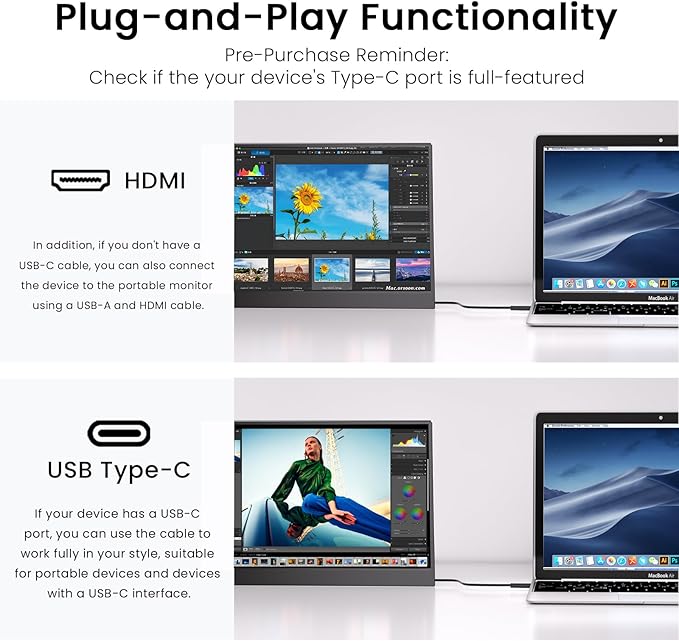 Portable Monitor for Laptop, 14" HDMI USB-C IPS External Screen, Built-in Dual Speakers Gaming for Laptop PC Display with Stand, Plug & Play,Lightweight Small Monitor for On-The-Go Use,Black