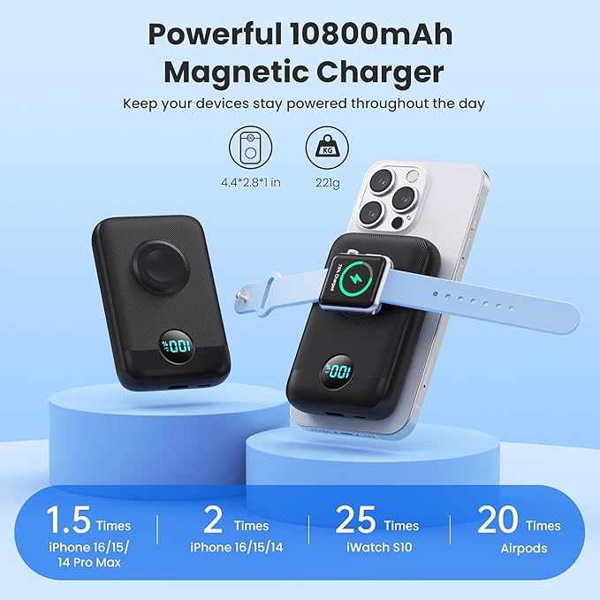 Magnetic Portable Charger for iPhone, 10800mAh 4-in-1 Wireless Power Bank with iWatch Charger, 25W PD Fast Charging Battery Pack with LCD Display for Magsafe,iPhone 16/15/14/13/12 Series,Apple Watch