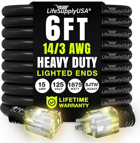 6ft Outdoor/Indoor Extension Cord 14/3 Gauge Heavy Duty 3 Prong SJTW, Waterproof, Flexible Cold-Resistant Long Power Cord,15A 125V 1875W, Black by LifeSupplyUSA
