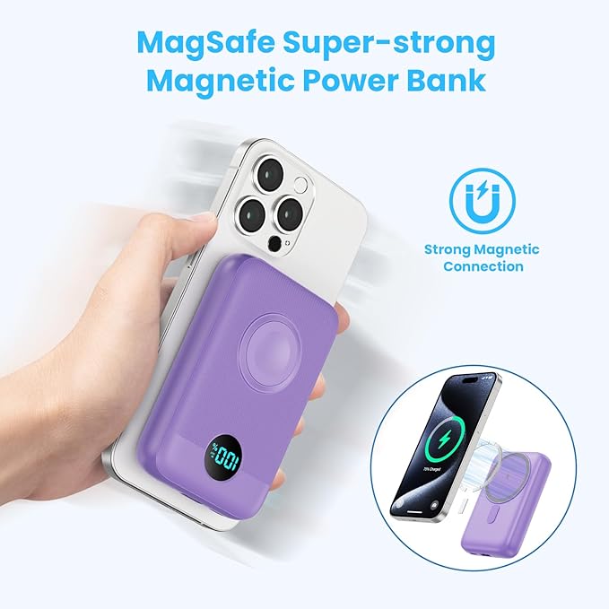 Magnetic Portable Charger 10800mAh,4-in-1 Wireless Power Bank with iWatch Charger, QC4.0+20W PD Fast Charging USB C Battery Pack with LCD Display for Magsafe,iPhone 16/15/14/13/12,Apple Watch, Purple