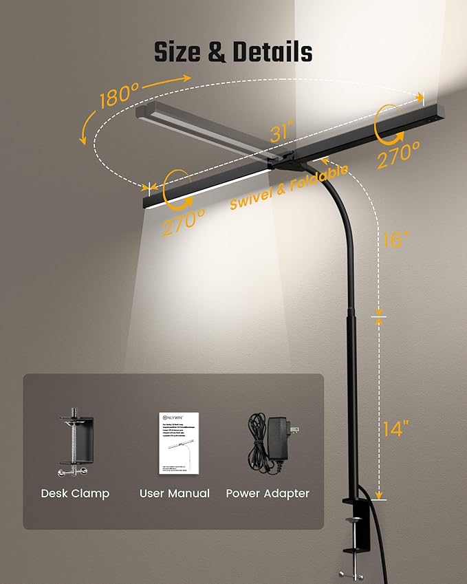 Eye-Caring Desk Lamp with Clamp, LED Desk Light Bar for Dual Monitors, Adjustable Gooseneck Table Lamp with 3 Color Modes, Smooth Dimming Office Desk Lamp for Home Office, Study, Computer Work