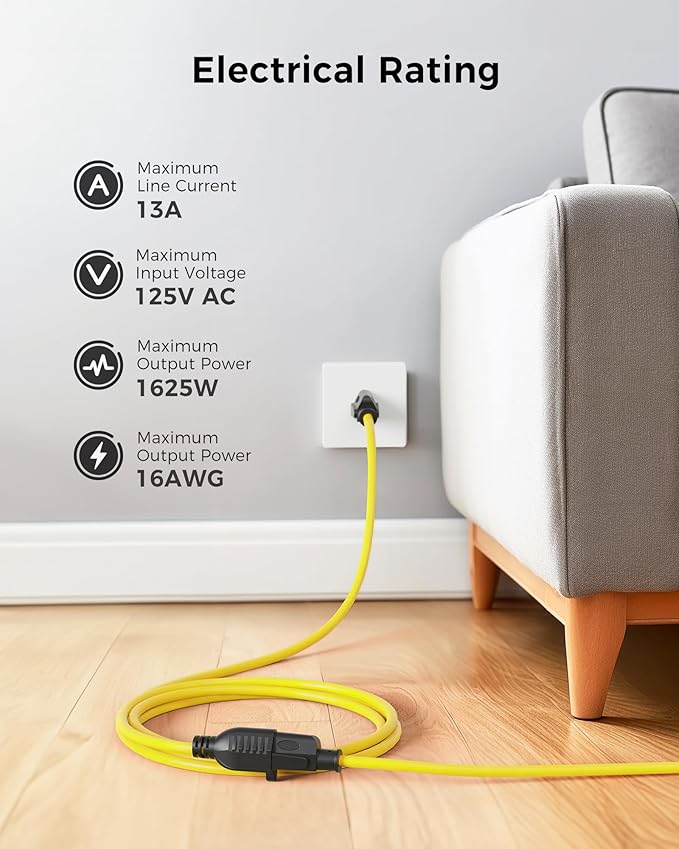 [UL Listed] Cable Matters 2-Pack 16 AWG Heavy Duty 13A Power Extension Cord - 6ft, 3 Prong Power Cord Extension, NEMA 5-15P to NEMA 5-15R, Yellow