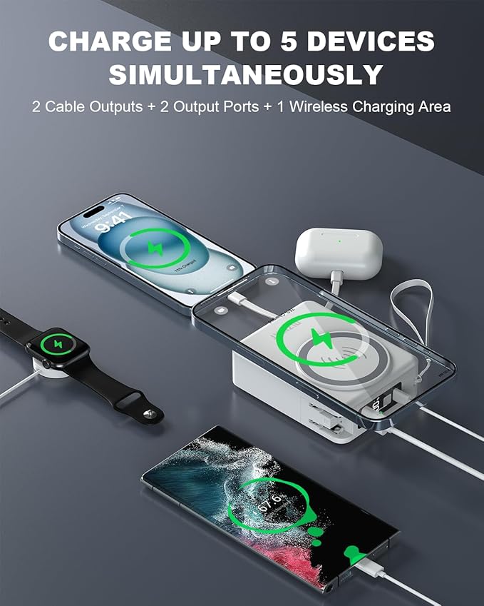 for Magsafe Portable Charger Power Bank 10000mAh, 22.5W Battery Pack Fast Charging Wall Plug Power Bank for iPhone Andriod Sumsung Travel Charger with Built in USB C & Lightning Cables