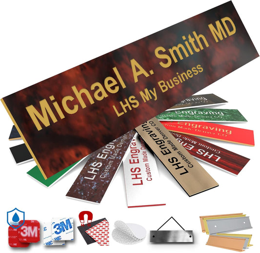 Engraved Name Plates for Door Sign Personalized Burlwood Plastic Plaque with Gold Letters - Made in USA 2x6 N2