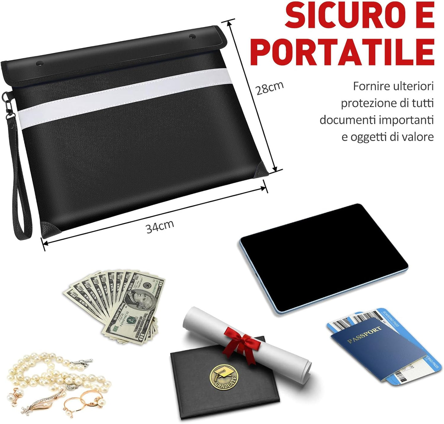 Vailoin Fireproof Document Bag with Waterproof Zipper,6200°F Insulated Fire Water Proof Money Pouch,Fireproof Envelopes for Cash,Fire Proof Bag for Important Documents, Valuables(13.9"x10.6",Black)