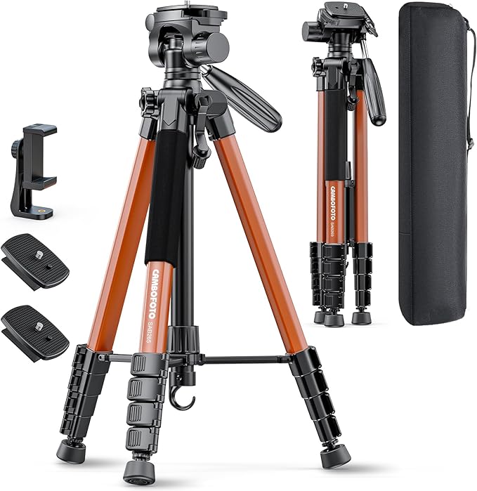 CAMBOFOTO 74"-Camera-Tripod, Professional Aluminum Heavy Duty Tripod Stand for Mirrorless Camera/DSLR/Cell Phone/Camcorder, with Holder and Travel Bag (Orange)