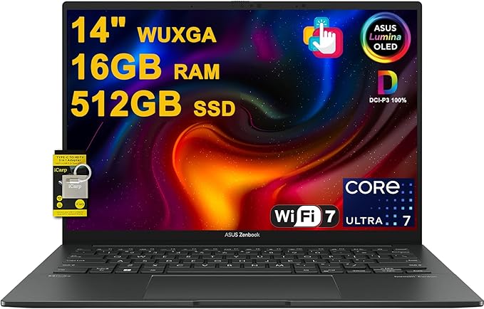 ASUS Zenbook 14 Creator Laptop 14" WUXGA Lumina OLED Touch (100% DCI-P3, 500nits HDR) Intel 16-core Ultra 7 255H (Up to 13 TOPS) 16GB RAM 512GB SSD For Business Professional Win11 ICP Hub w/Copilot AI