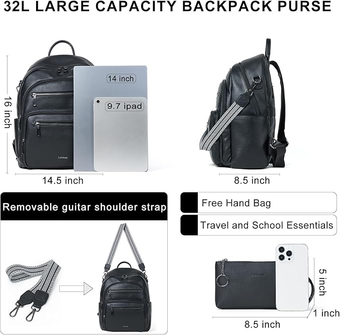 Backpack Purse for Women Laptop Backpack, Leather Travel Backpack Shoulder Bag Teacher College Daypack Work Handbag fits 14" Laptop-Black