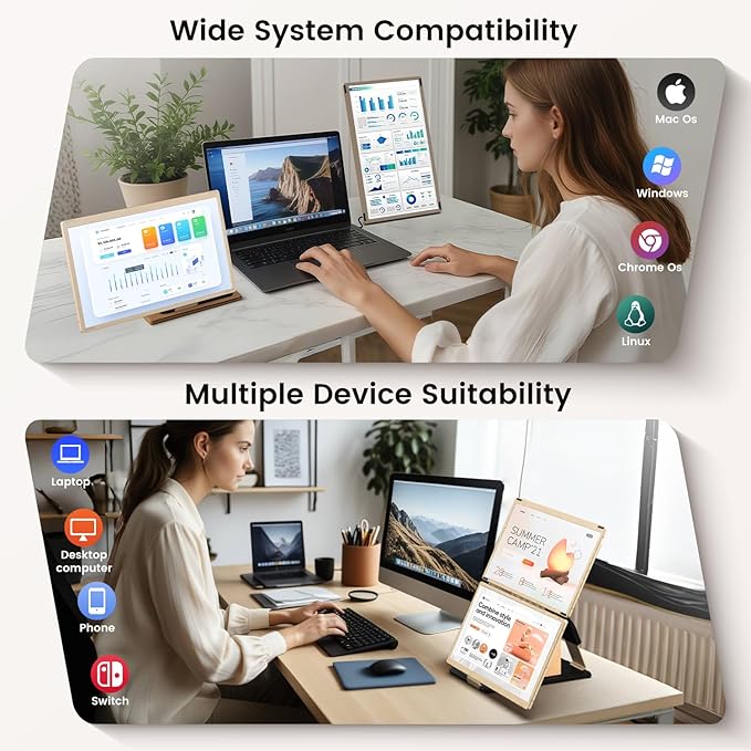 Laptop Extender 15.6-inch, 1080P FHD Portable Monitor with 120% sRGB, 235Rotation Detachable Screen, Plug & Play, Triple Screen Laptop Monitor Extender Compatible with Windows, Mac, Chrome